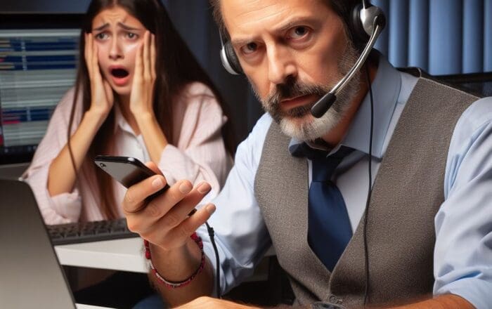 man on phone while woman being scammed