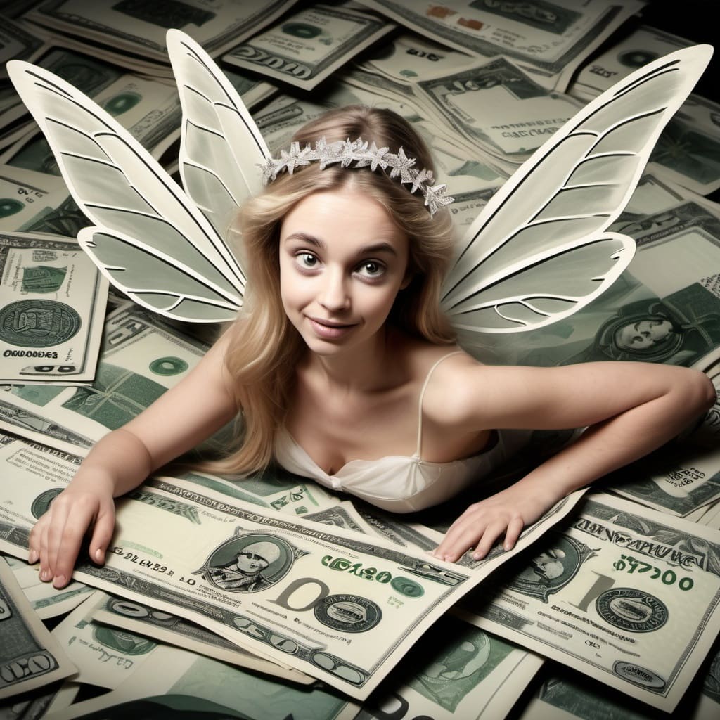 top half of a fairy amongst a pile of fake money